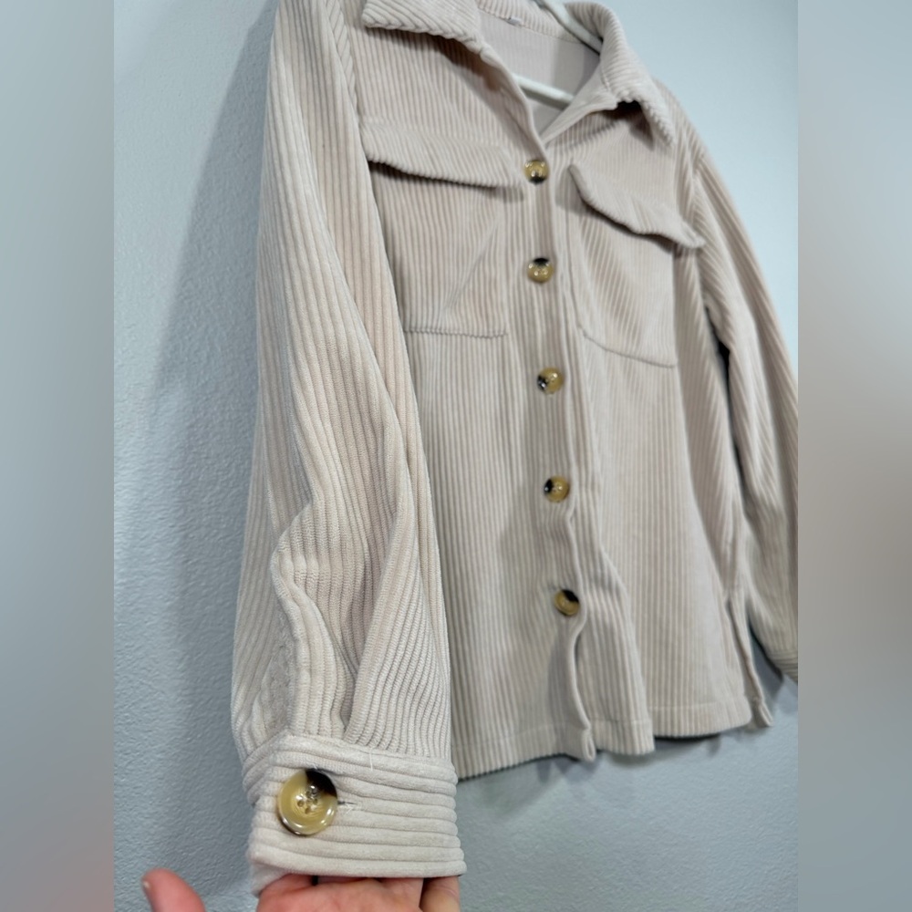 Corduroy Jacket Shacket Cream Tan Brown Soft Button Down Wide Collar Women Med - Picture 2 of 8